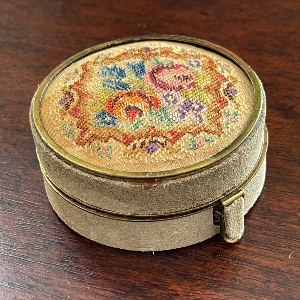 1940s Sheffield travel clock embroidered leather and suede case